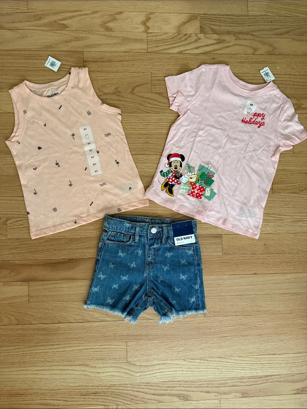 NWT Old Navy bundle Denim Bow Shorts with Minnie Tee & Peach Graphic Tank